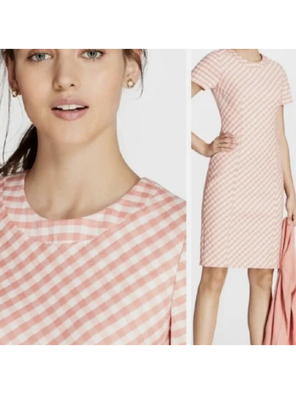 Brooks Brothers 14P Coral Plaid Short Sleeve Pencil Dress Shift Preppy Office